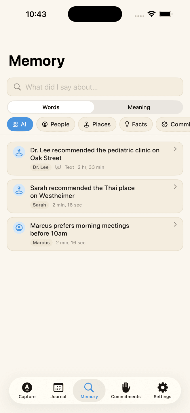 Enkily's Memory screen with a 'What did I say about...' search box, a Words and Meaning toggle, and People, Places and Facts filters. Recalled entries include 'Dr. Lee recommended the pediatric clinic on Oak Street' and 'Marcus prefers morning meetings before 10am'.